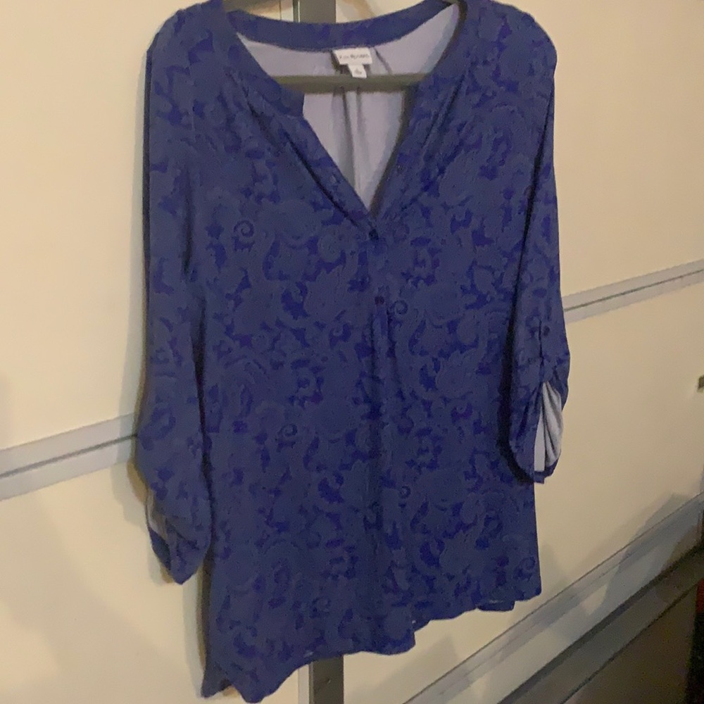 Kim Rogers royal blue and gray paisley top
